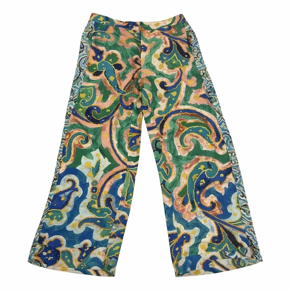 Anthropologie Maeve Cropped Flare Satin multicolor pants with pockets. Women 69 - Picture 2 of 8